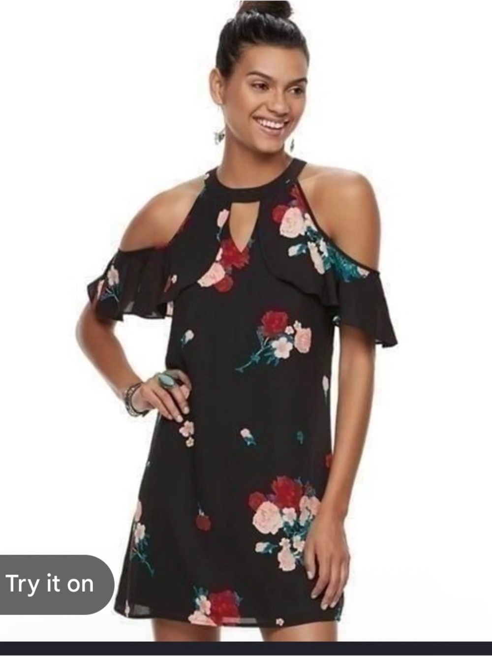 Candies Black Floral Cold Shoulder Swing Dress Size M